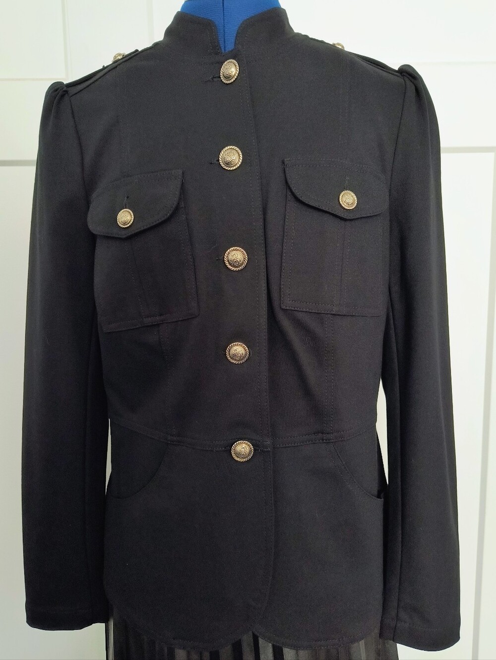 INC International Concepts Black Military-Style Utility Jacket with Gold Buttons